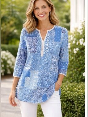 J.McLaughlin tunic blouse featuring a blue patchwork bandanna design